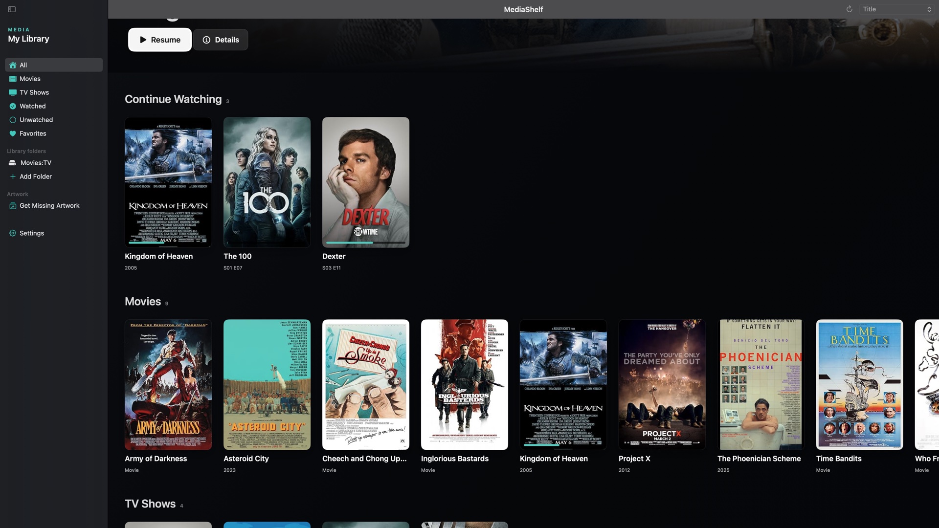 MediaShelf library with sidebar, Continue Watching, movies, and TV shows