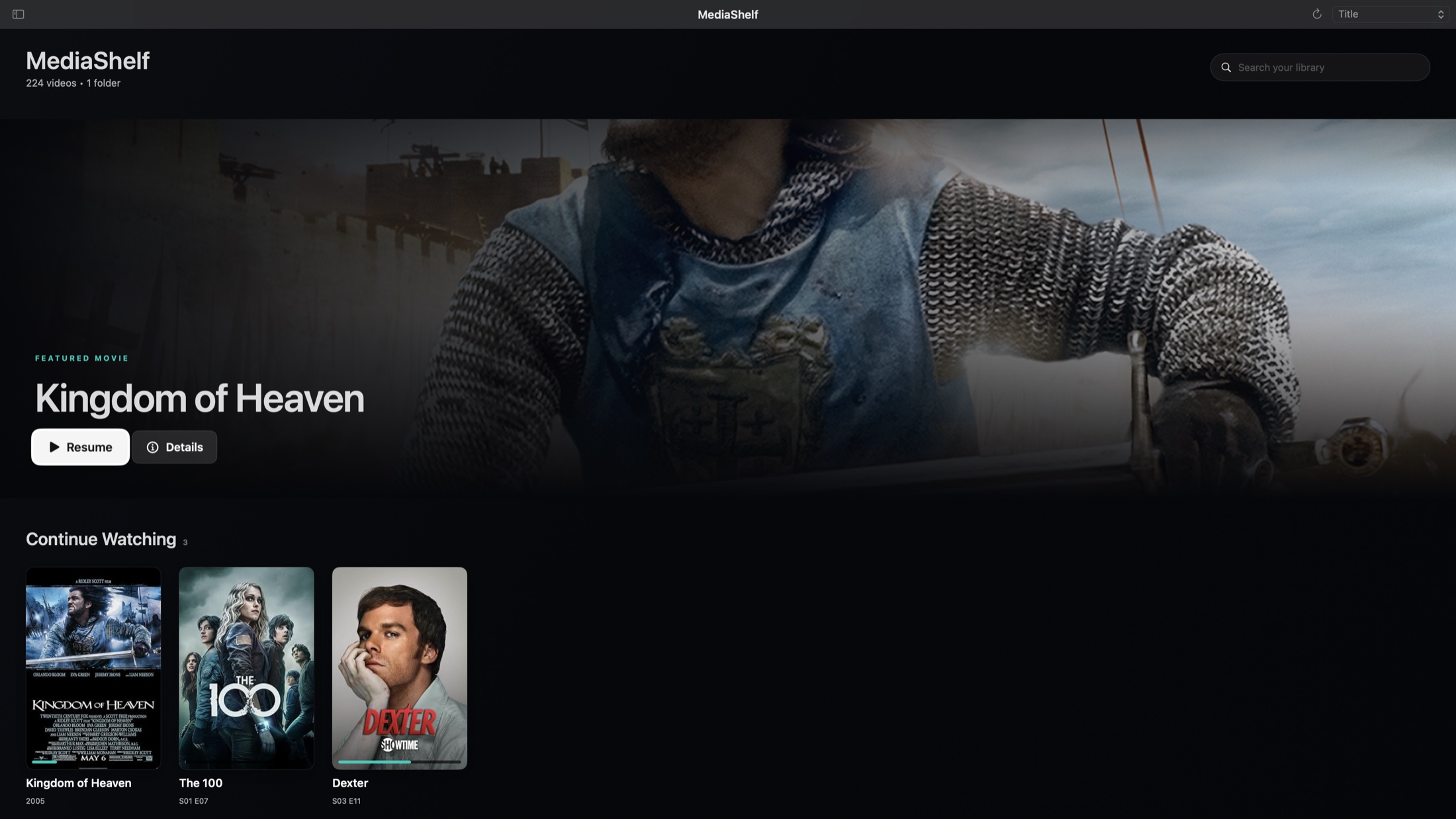 MediaShelf home screen showing a featured movie and Continue Watching row